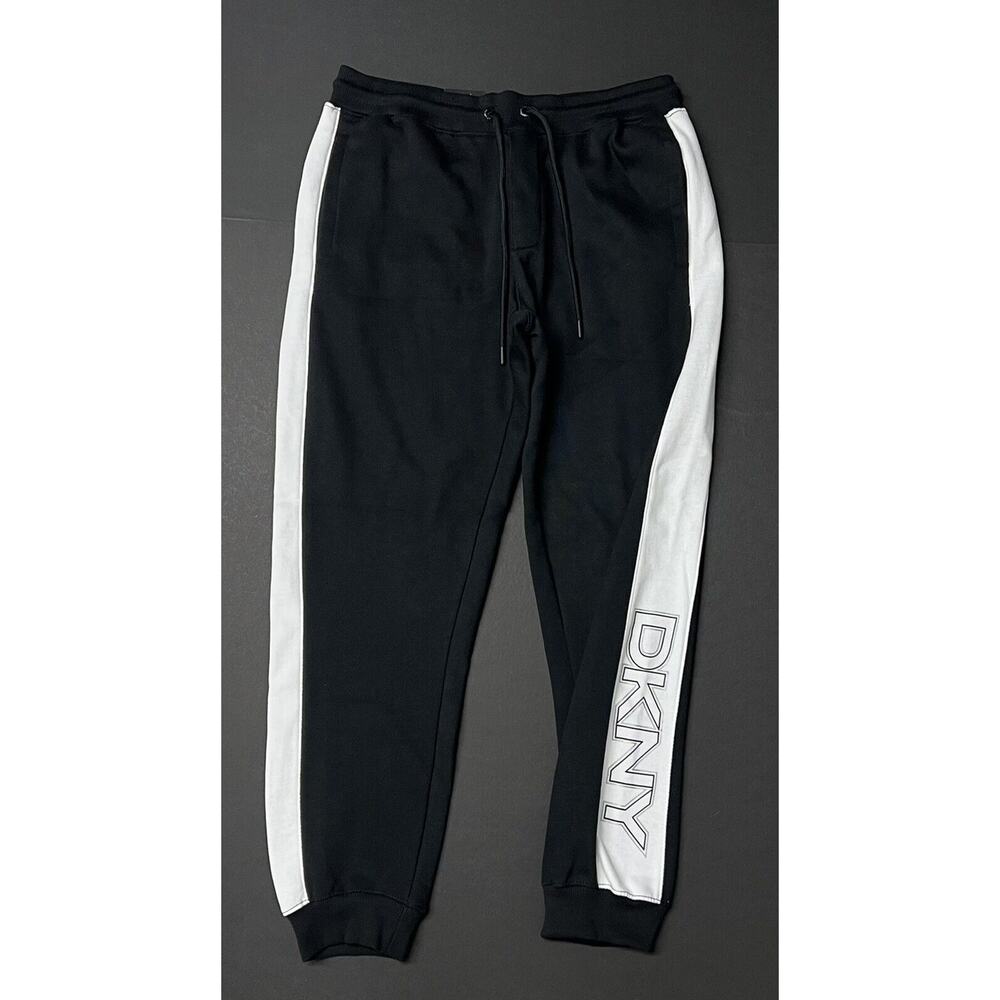 DKNY Tech Joggers Sweat Pants Size L LARGE Logo BLK WHITE Inseam: 29.5”
